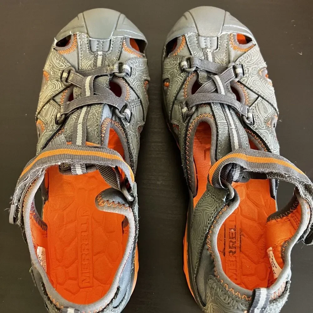 Merrell Boys Hydro‎ Sandals Size 7 W Grey Orange Hike Camp Comfort Water